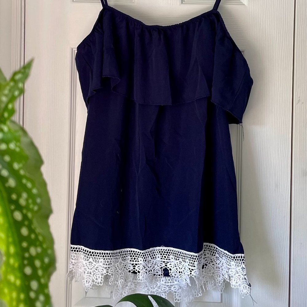 Navy Blue Crochet Detail Off Shoulder Top